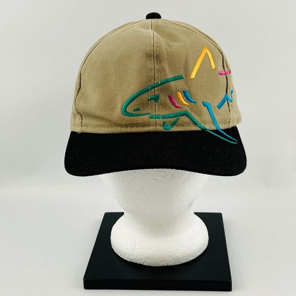 Vintage Greg‎ Norman Cap Shark Logo Embroidery Tan Canvas Black Brim Adjustable - Picture 1 of 9